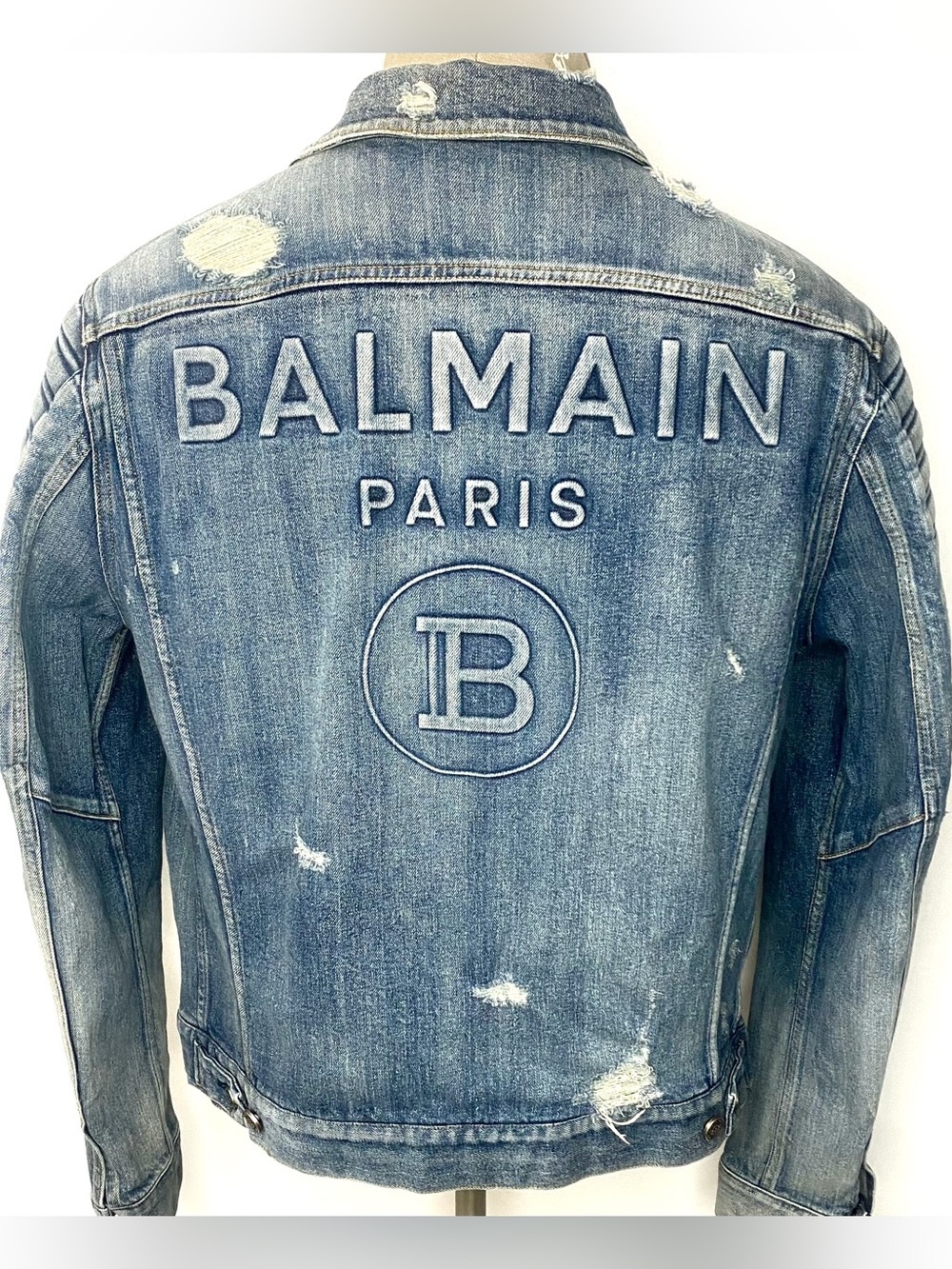 Balmain Paris Men’s Logo-Embossed Distressed Designer Biker Denim Jean Jacket 54